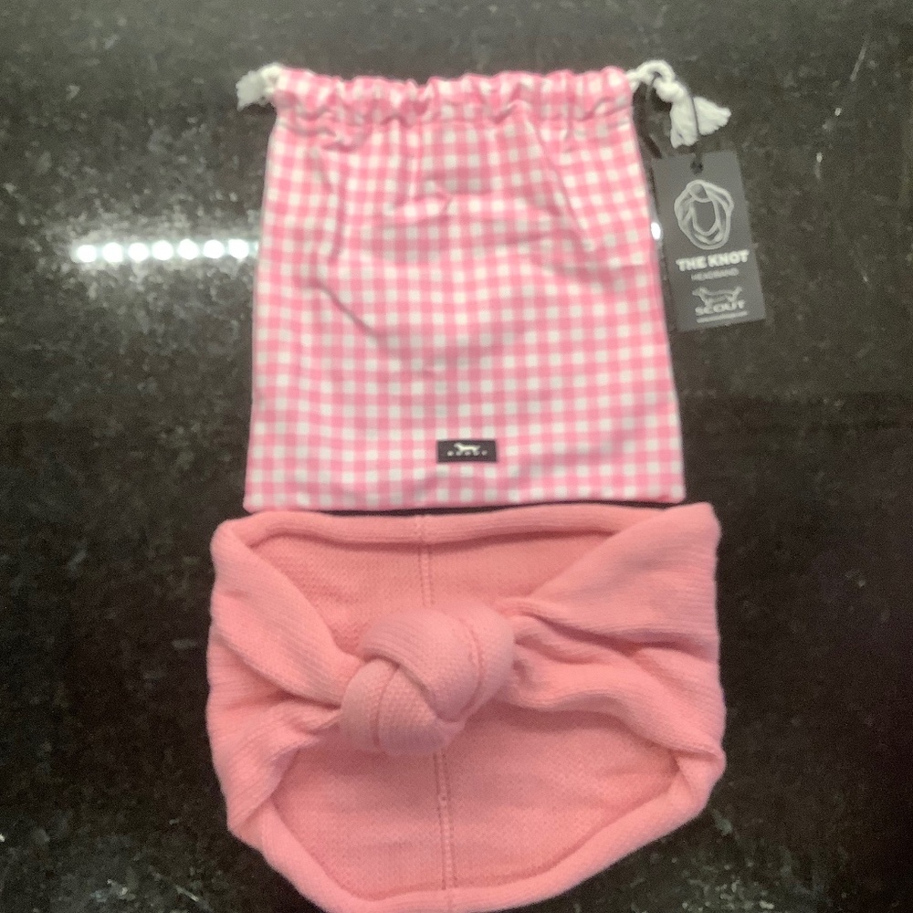 Tie Knot Knit Pink Knot Headband in Pink Gingham Drawstring Bag